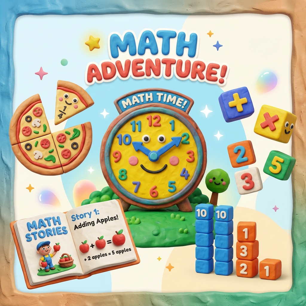 3D clay illustration showing fractions, clocks, multiplication, addition, place value, and math stories